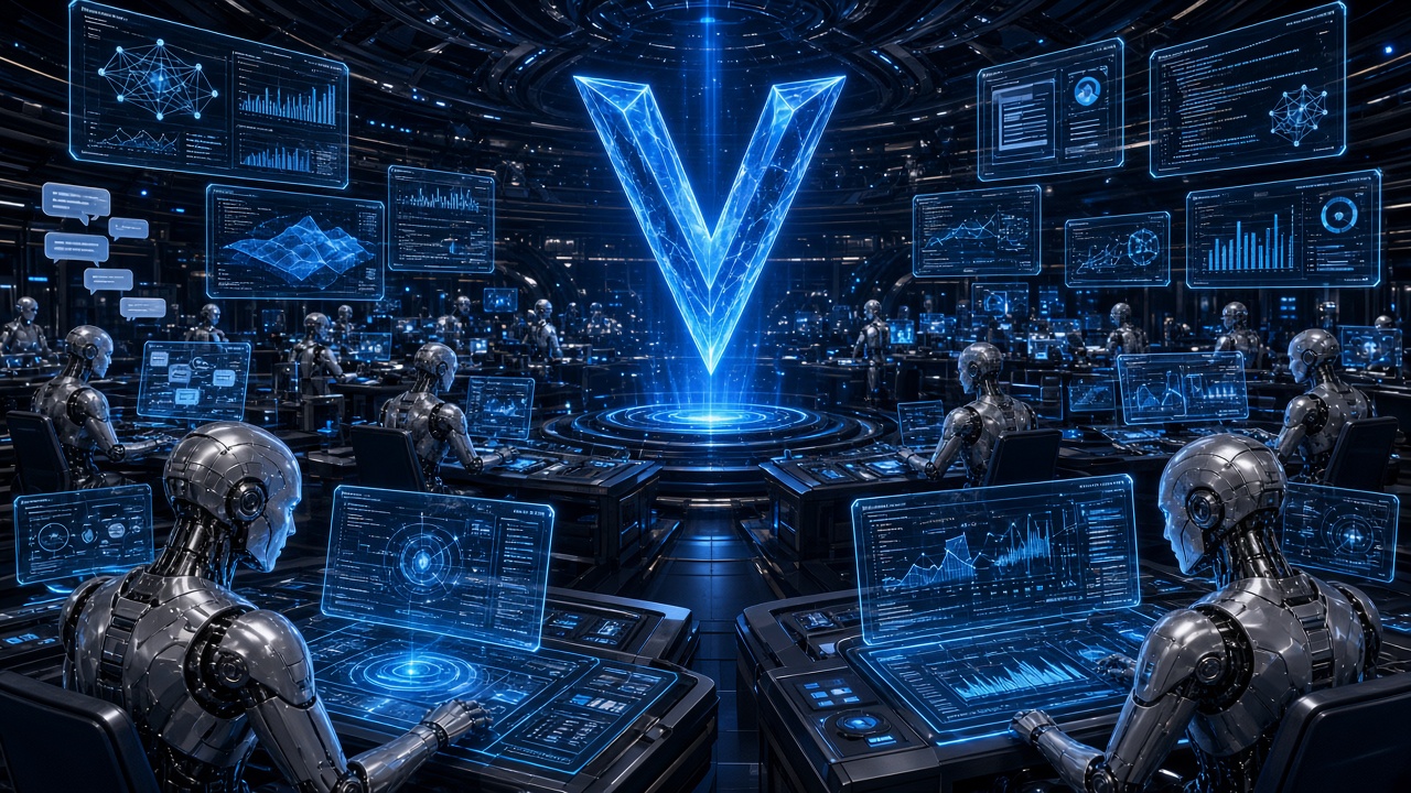 Silver AI agents working at holographic desks around a glowing V