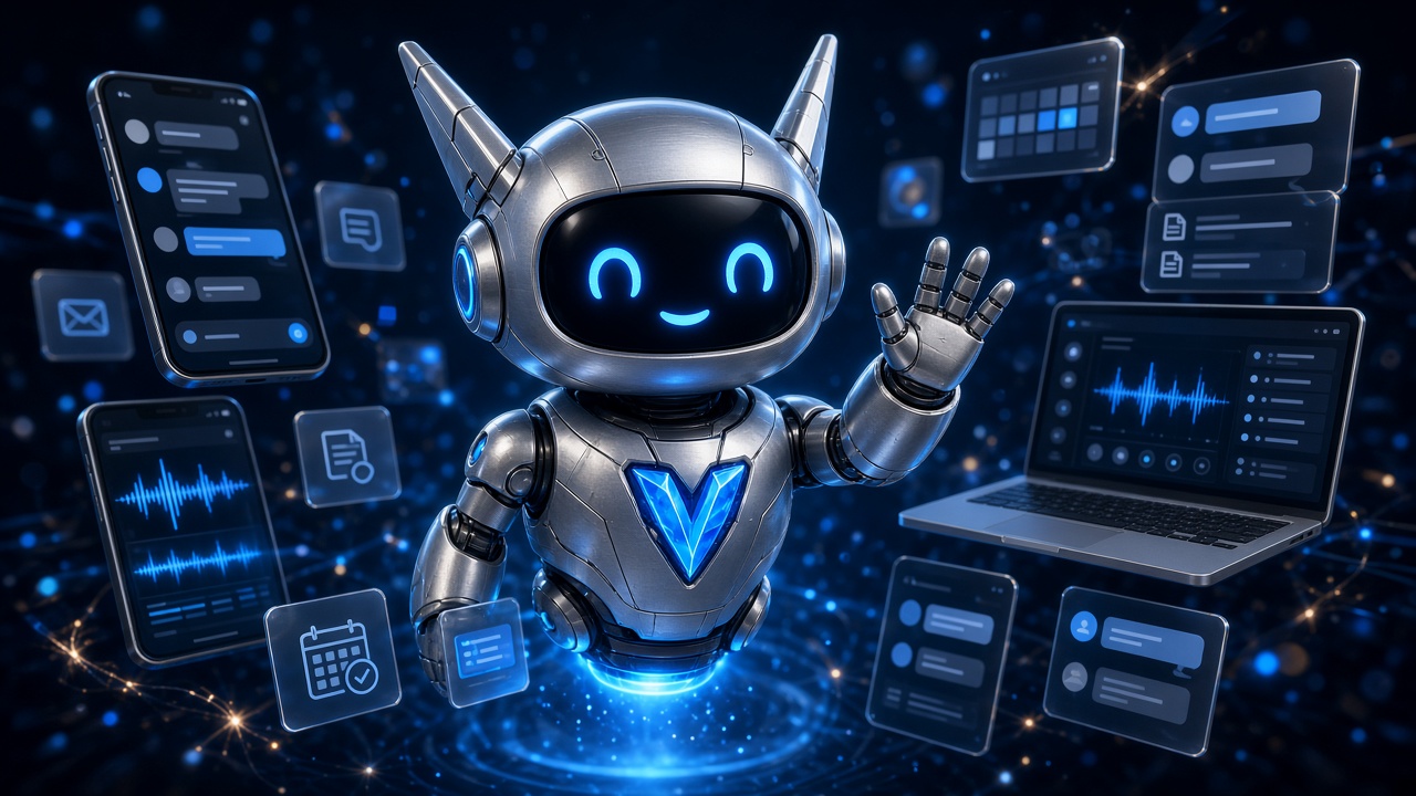 Vili, a small silver robot, waving among phone and laptop screens