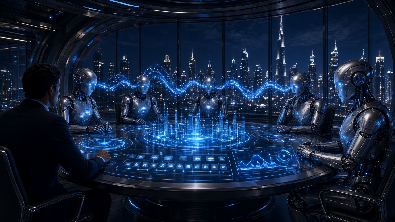 AI advisors around a holographic table with the Dubai skyline behind